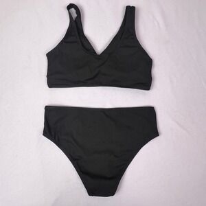 Girls Black Ribbed Twist Front Bikini Set High Waisted Swimsuit Size 14Y